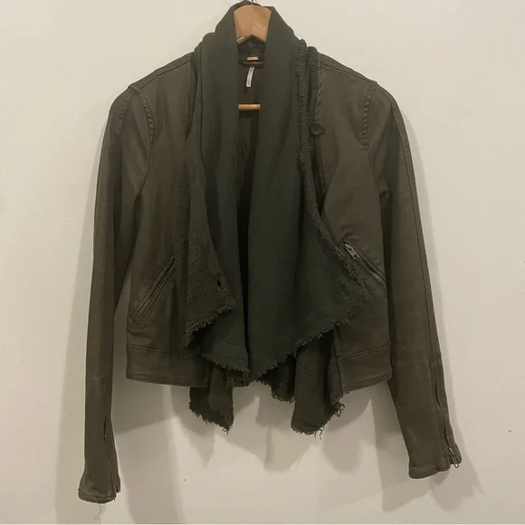 Free People Olive Green Drape Knit Coated Denim Moto Boho Fall Jacket Size 2 - Picture 3 of 9